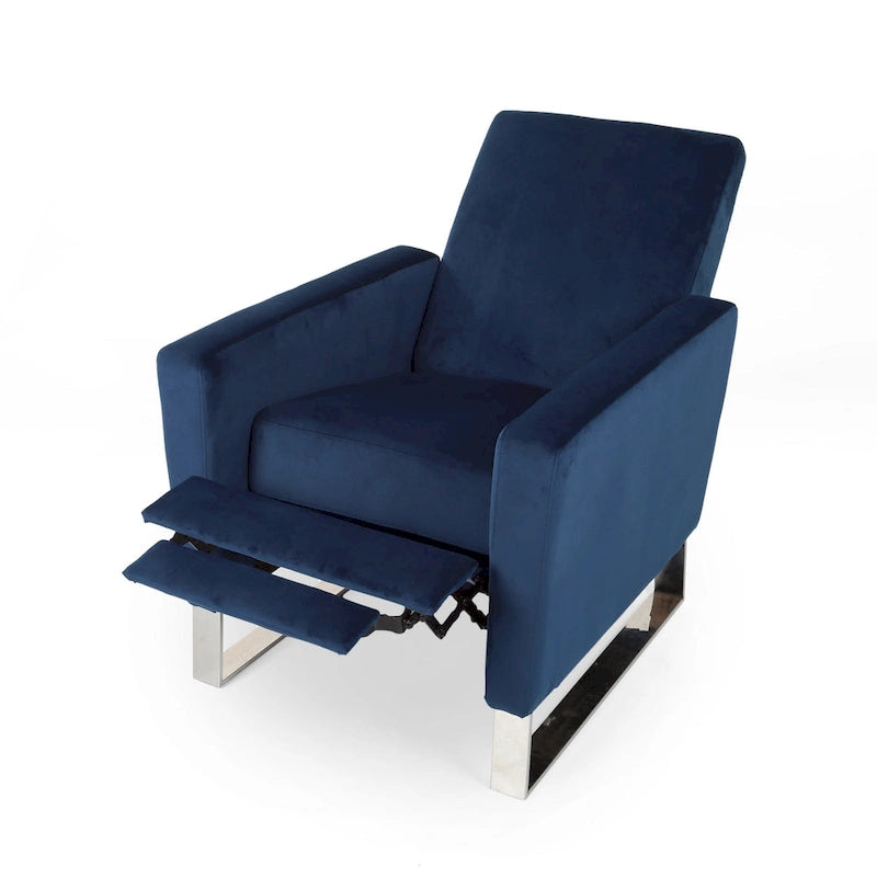 Fauteuil inclinable manuel en velours bleu avec pieds en acier