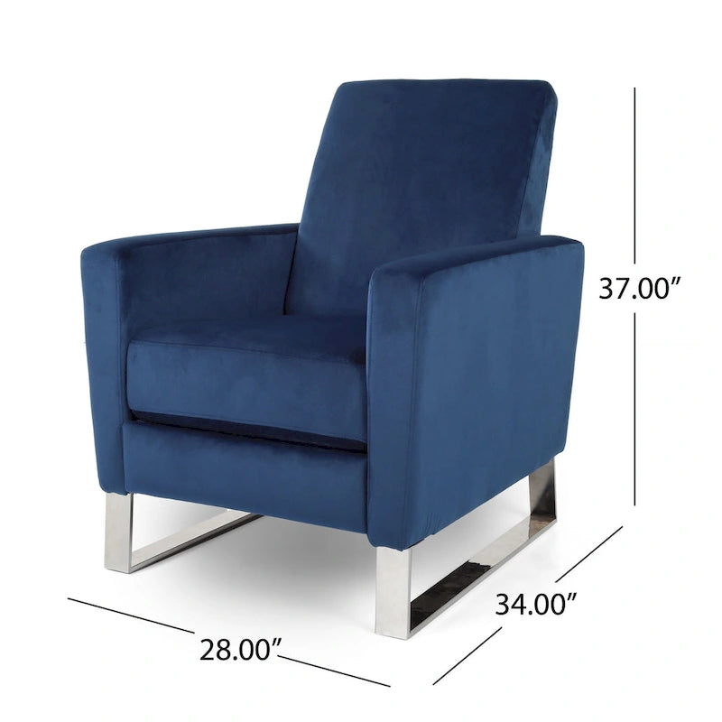 Fauteuil inclinable manuel en velours bleu avec pieds en acier