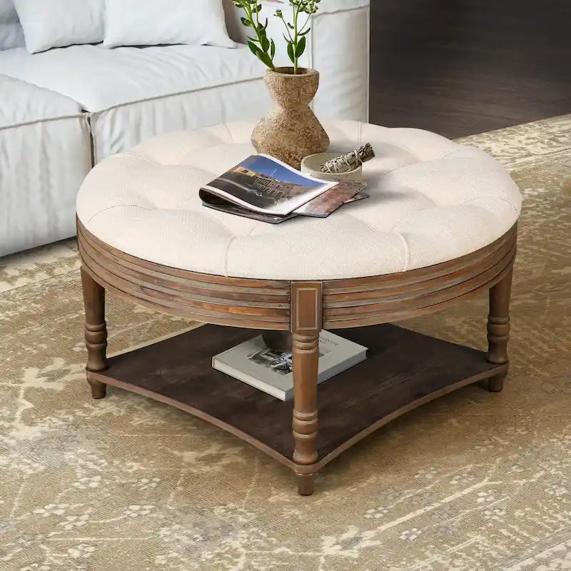 Grande table basse pouf ronde imperméable à l'eau, pouf surdimensionné à 2 niveaux, capitonné avec table basse rembourrée en bois