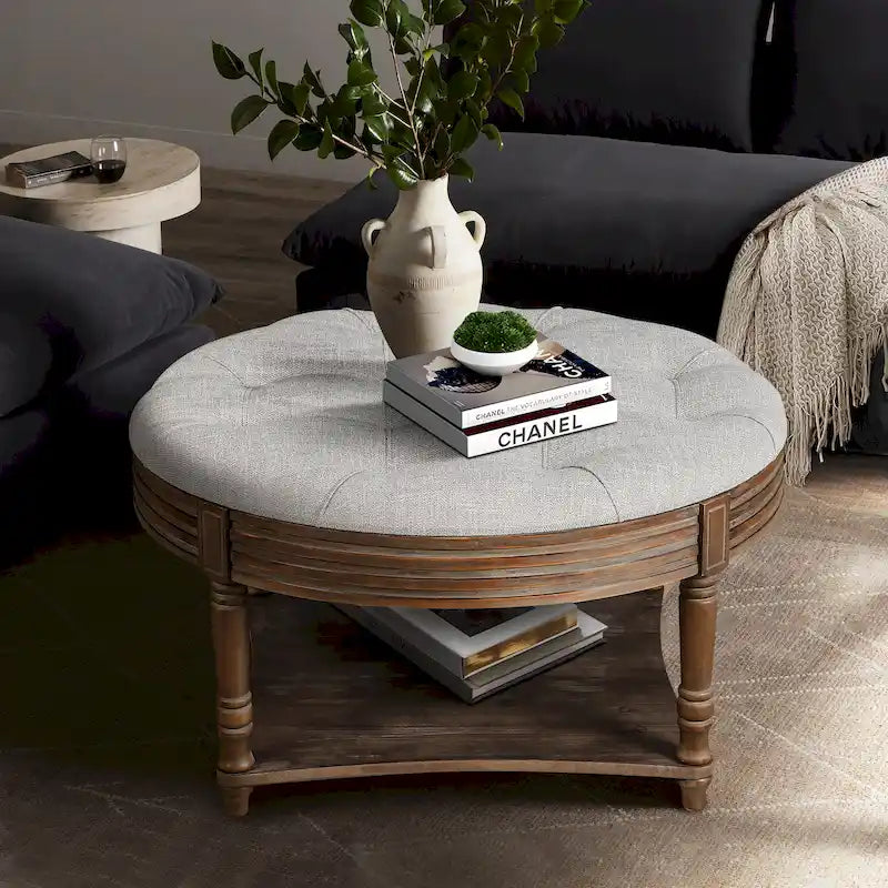 Grande table basse pouf ronde imperméable à l'eau, pouf surdimensionné à 2 niveaux, capitonné avec table basse rembourrée en bois