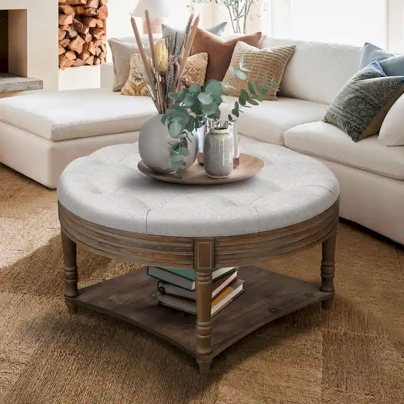 Grande table basse pouf ronde imperméable à l'eau, pouf surdimensionné à 2 niveaux, capitonné avec table basse rembourrée en bois