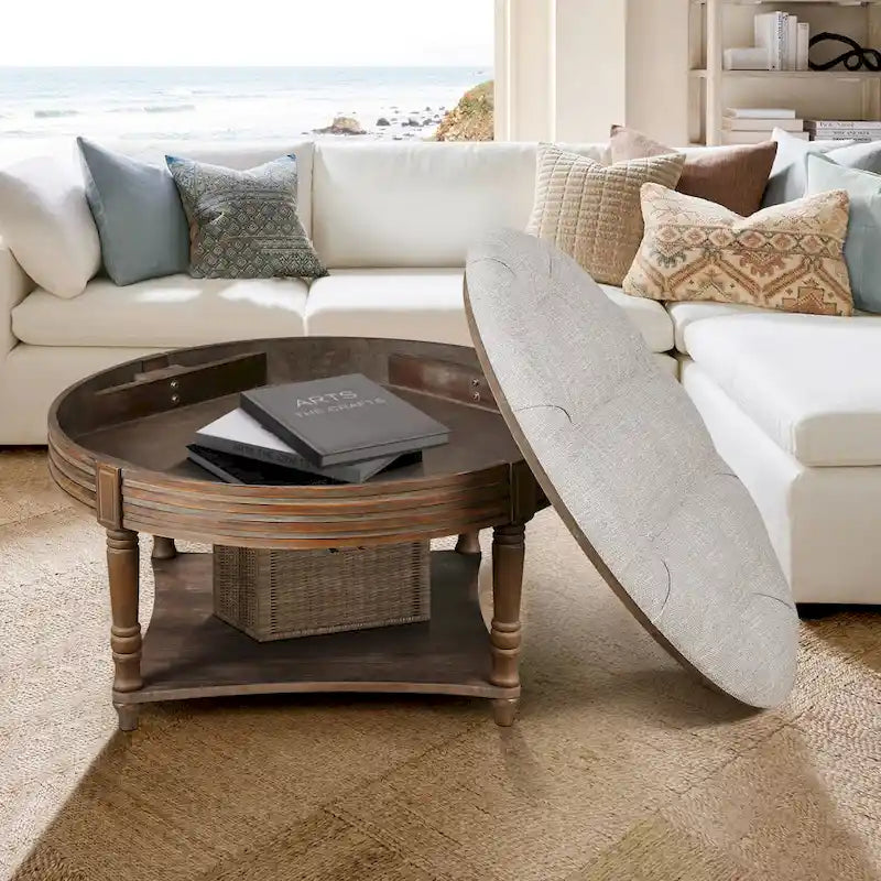 Grande table basse pouf ronde imperméable à l'eau, pouf surdimensionné à 2 niveaux, capitonné avec table basse rembourrée en bois