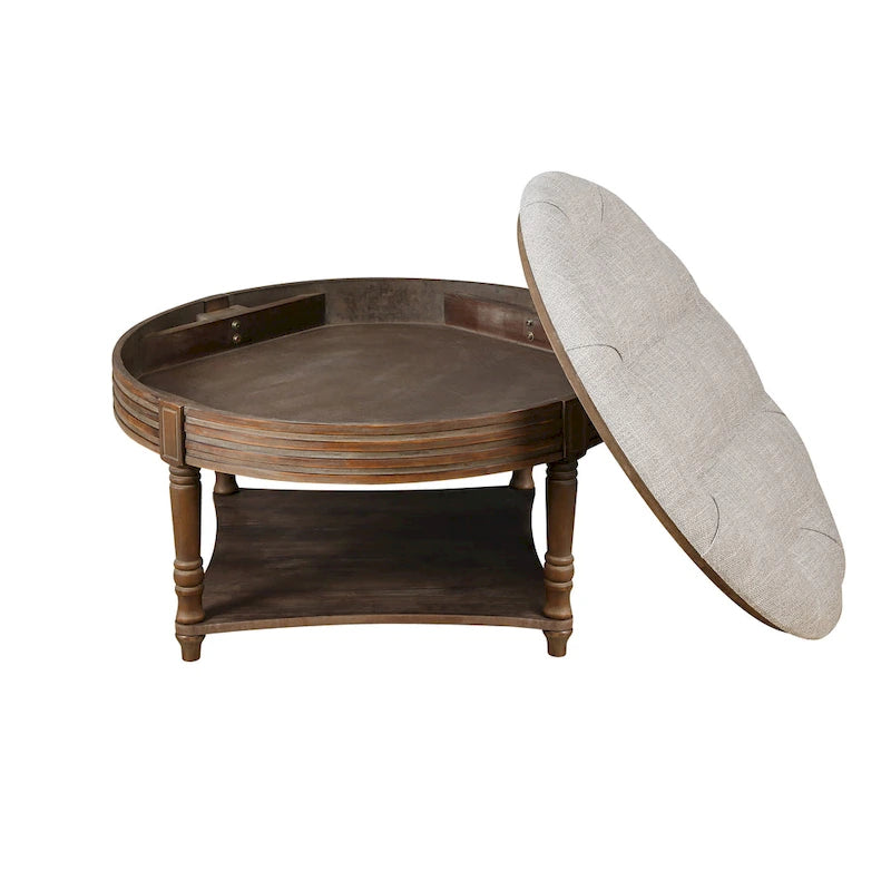 Grande table basse pouf ronde imperméable à l'eau, pouf surdimensionné à 2 niveaux, capitonné avec table basse rembourrée en bois