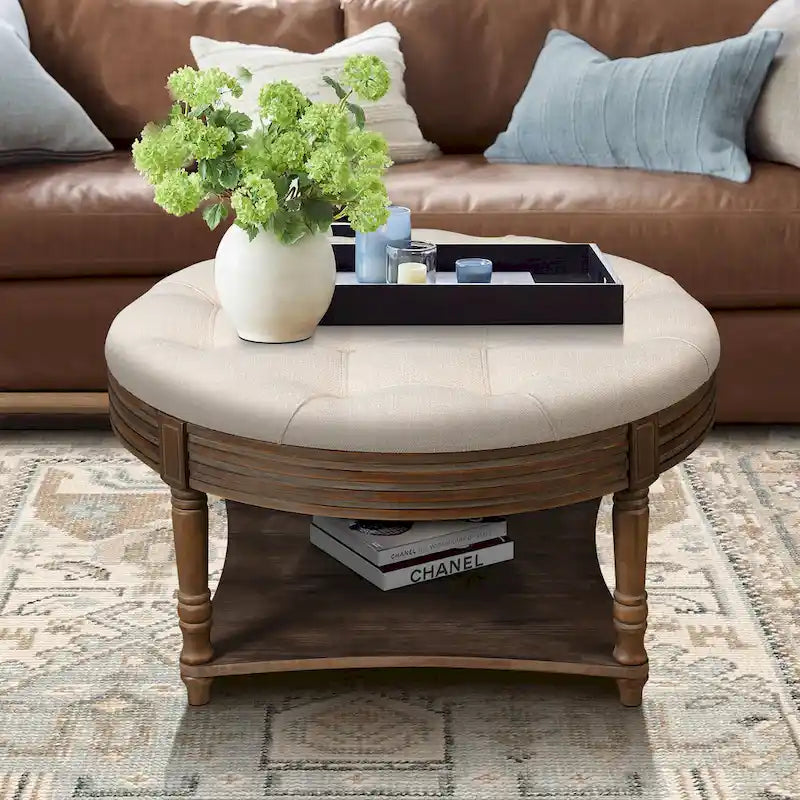 Grande table basse pouf ronde imperméable à l'eau, pouf surdimensionné à 2 niveaux, capitonné avec table basse rembourrée en bois