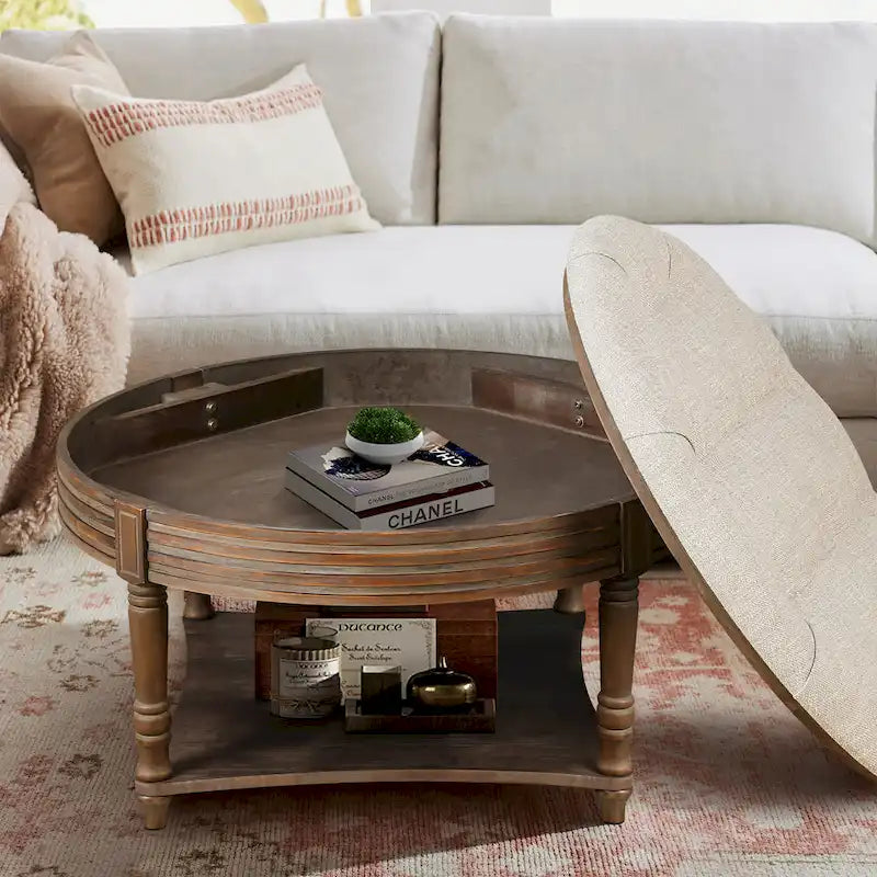 Grande table basse pouf ronde imperméable à l'eau, pouf surdimensionné à 2 niveaux, capitonné avec table basse rembourrée en bois