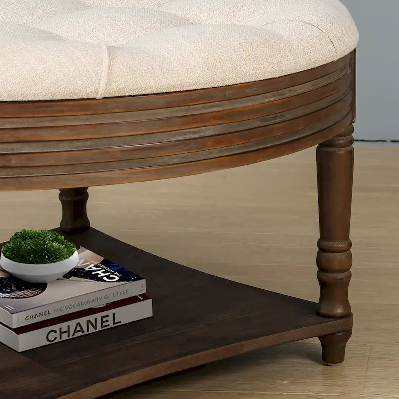 Grande table basse pouf ronde imperméable à l'eau, pouf surdimensionné à 2 niveaux, capitonné avec table basse rembourrée en bois