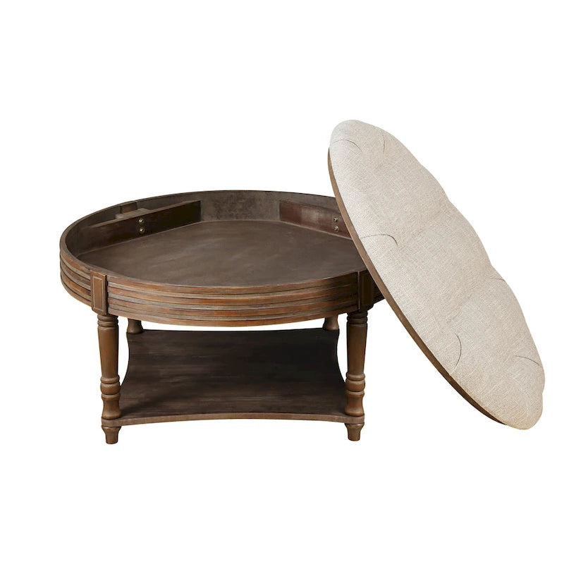 Grande table basse pouf ronde imperméable à l'eau, pouf surdimensionné à 2 niveaux, capitonné avec table basse rembourrée en bois