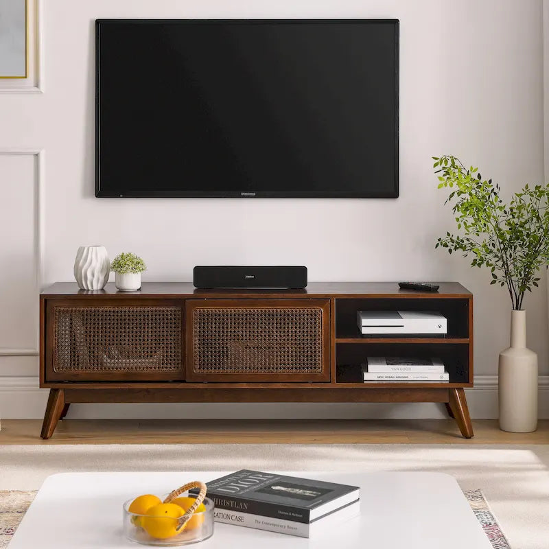 Meuble TV Mid-Century Modern avec portes coulissantes en rotin, 150 cm