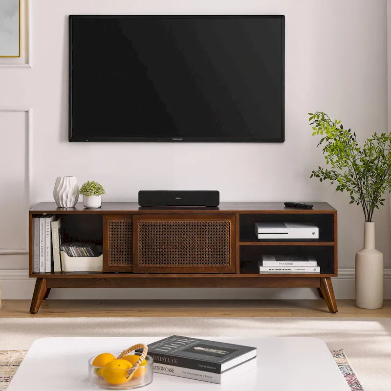Meuble TV Mid-Century Modern avec portes coulissantes en rotin, 150 cm