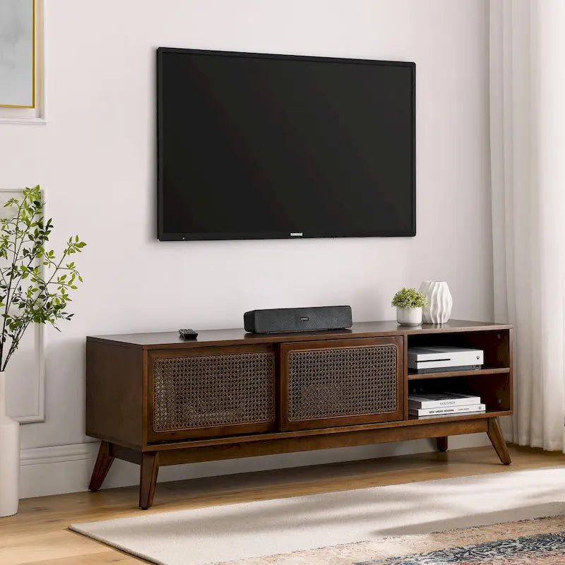 Meuble TV Mid-Century Modern avec portes coulissantes en rotin, 150 cm