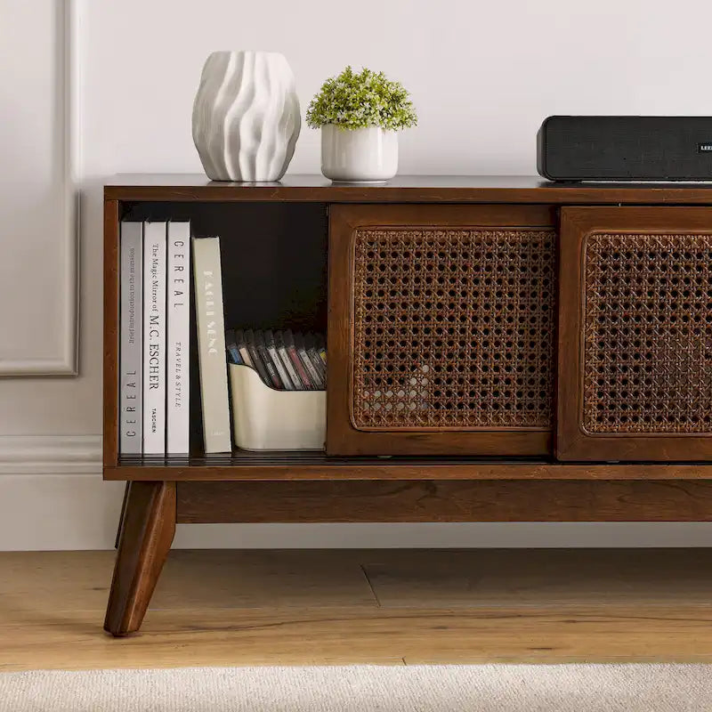 Meuble TV Mid-Century Modern avec portes coulissantes en rotin, 150 cm