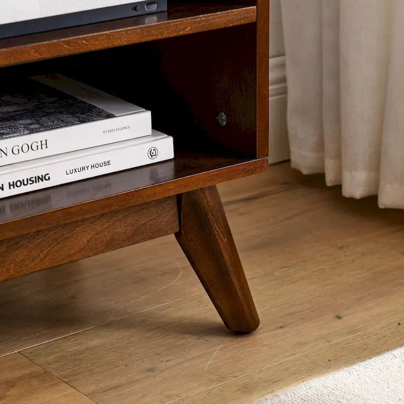 Meuble TV Mid-Century Modern avec portes coulissantes en rotin, 150 cm