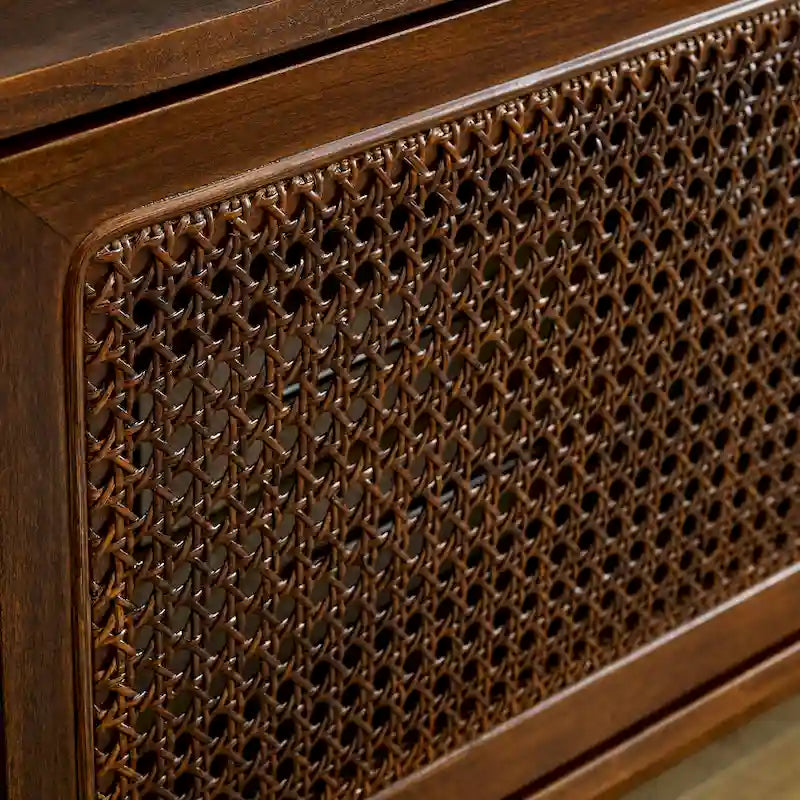Meuble TV Mid-Century Modern avec portes coulissantes en rotin, 150 cm