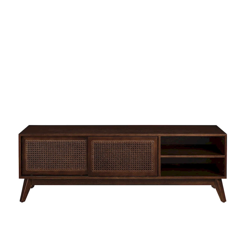 Meuble TV Mid-Century Modern avec portes coulissantes en rotin, 150 cm