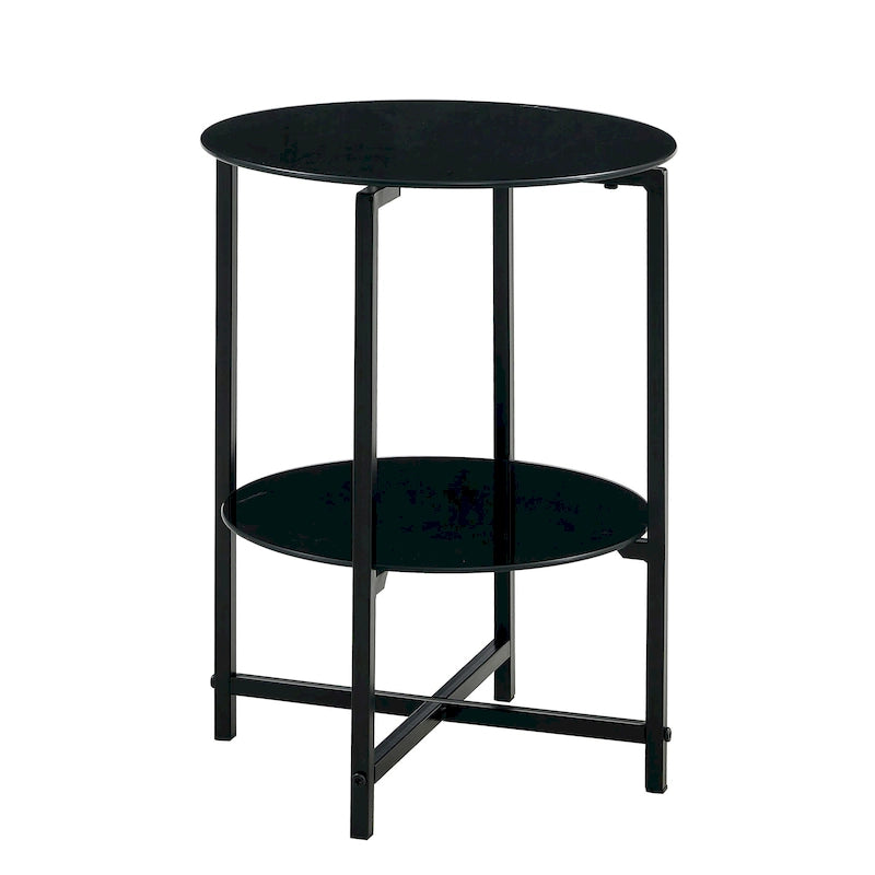 Table d'appoint/table basse ronde à 2 plateaux en verre trempé avec cadre en fer