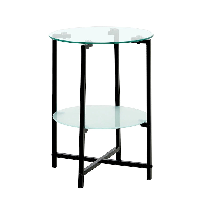 Table d'appoint/table basse ronde à 2 plateaux en verre trempé avec cadre en fer