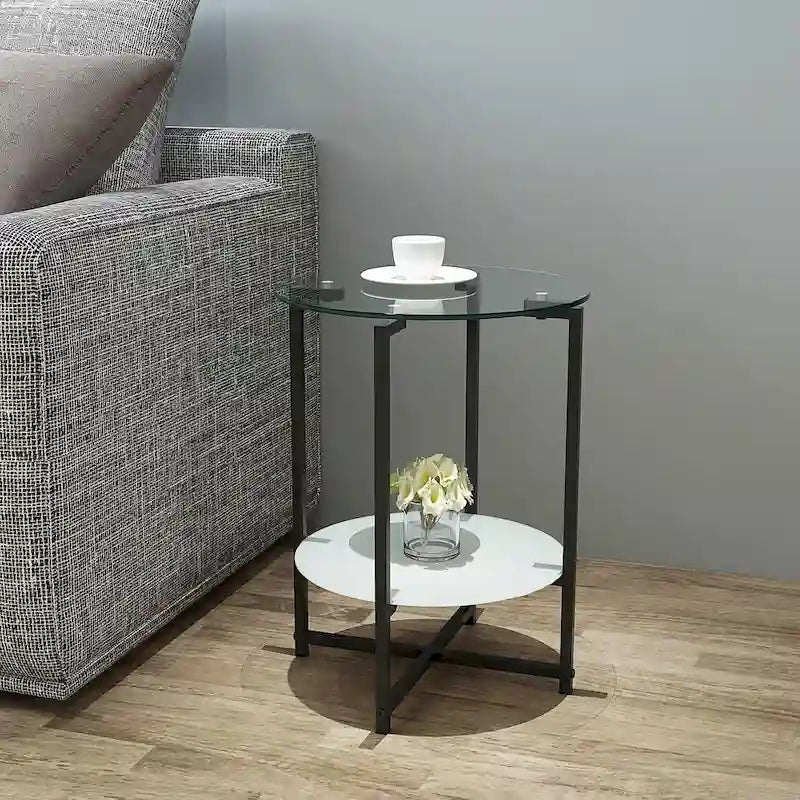 Table d'appoint/table basse ronde à 2 plateaux en verre trempé avec cadre en fer