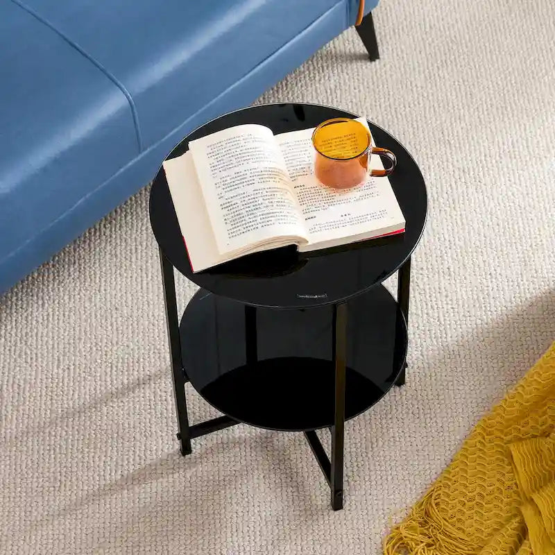 Table d'appoint/table basse ronde à 2 plateaux en verre trempé avec cadre en fer