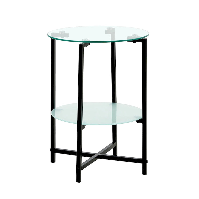 Table d'appoint/table basse ronde à 2 plateaux en verre trempé avec cadre en fer