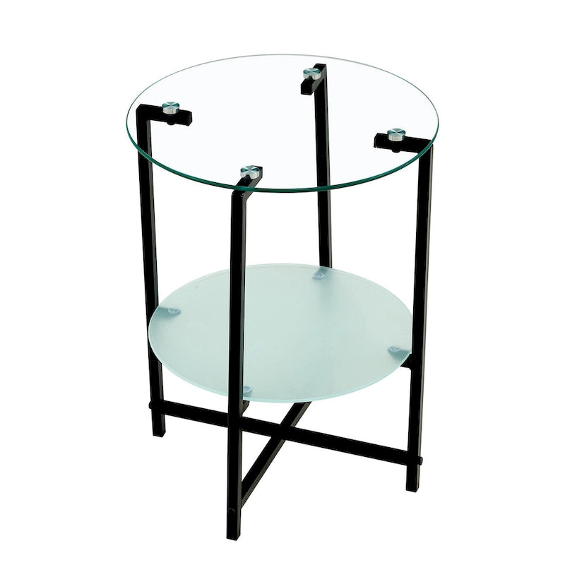 Table d'appoint/table basse ronde à 2 plateaux en verre trempé avec cadre en fer