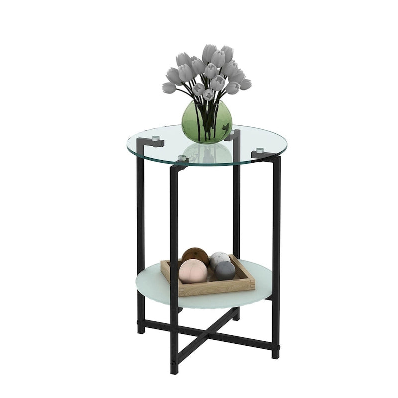 Table d'appoint/table basse ronde à 2 plateaux en verre trempé avec cadre en fer