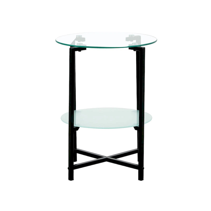 Table d'appoint/table basse ronde à 2 plateaux en verre trempé avec cadre en fer