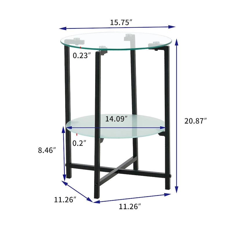 Table d'appoint/table basse ronde à 2 plateaux en verre trempé avec cadre en fer
