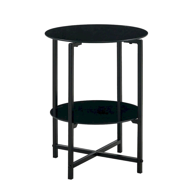 Table d'appoint/table basse ronde à 2 plateaux en verre trempé avec cadre en fer