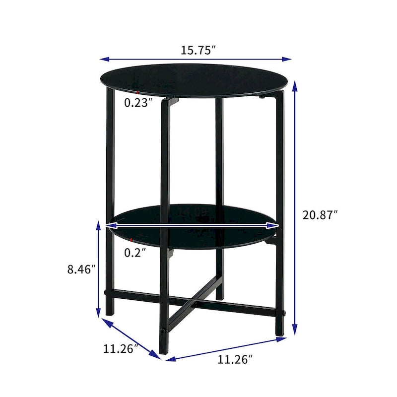 Table d'appoint/table basse ronde à 2 plateaux en verre trempé avec cadre en fer