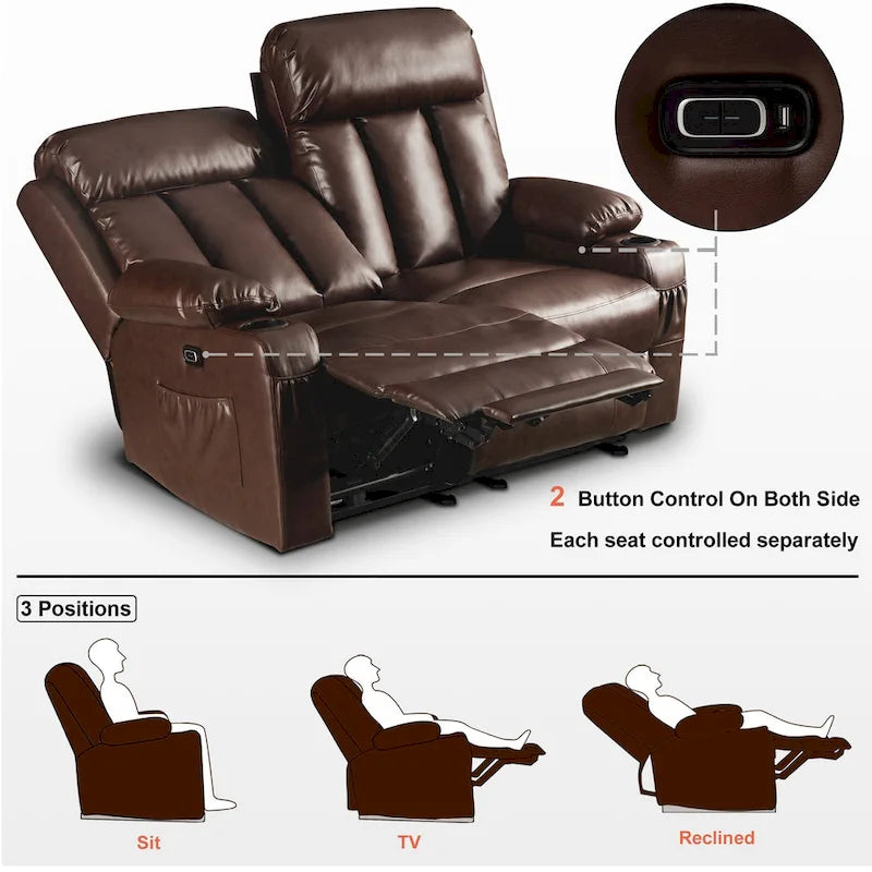 Causeuse inclinable électrique avec fonctions de chauffage et de massage et port USB