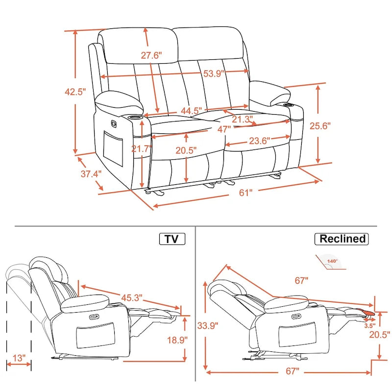Causeuse inclinable électrique avec fonctions de chauffage et de massage et port USB