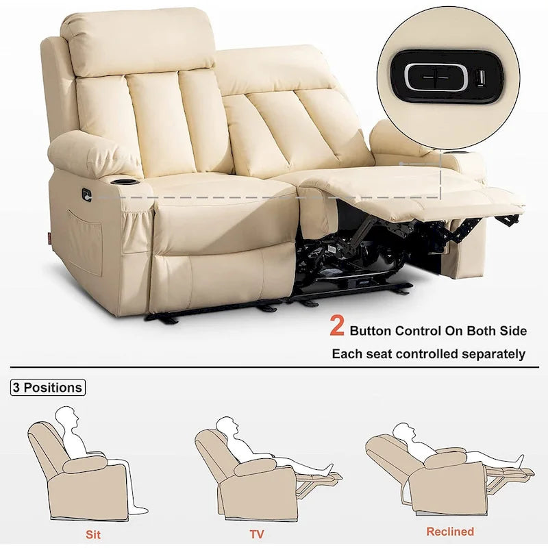 Causeuse inclinable électrique avec fonctions de chauffage et de massage et port USB