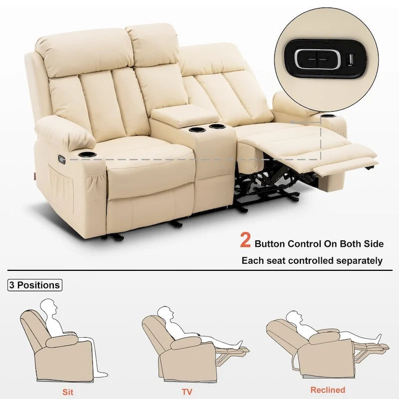 Causeuse inclinable électrique avec fonctions de chauffage et de massage et port USB