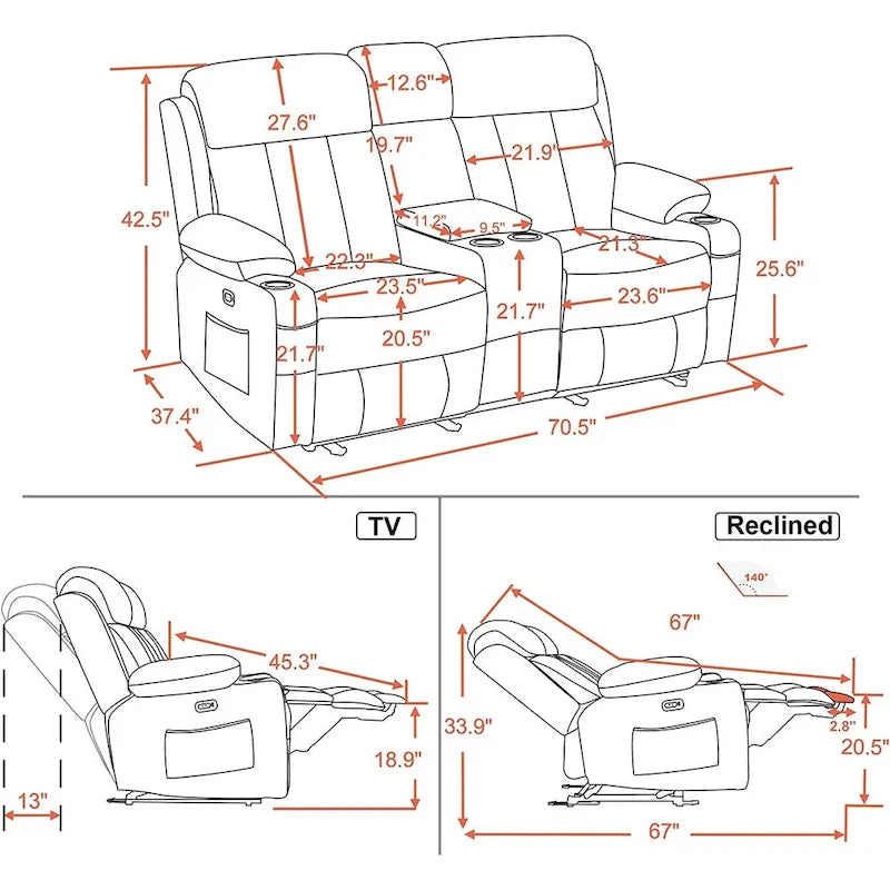 Causeuse inclinable électrique avec fonctions de chauffage et de massage et port USB