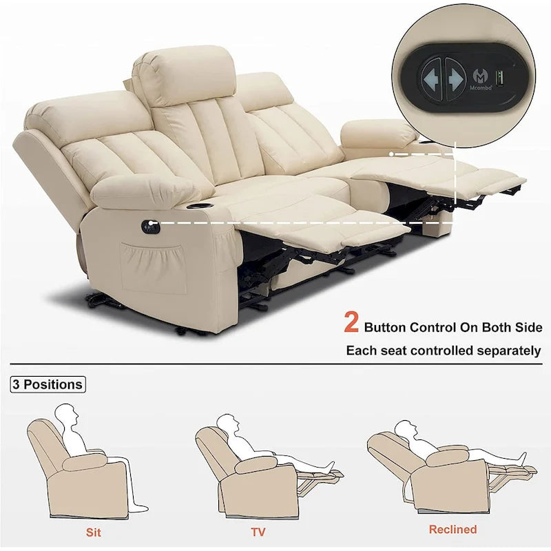 Causeuse inclinable électrique avec fonctions de chauffage et de massage et port USB