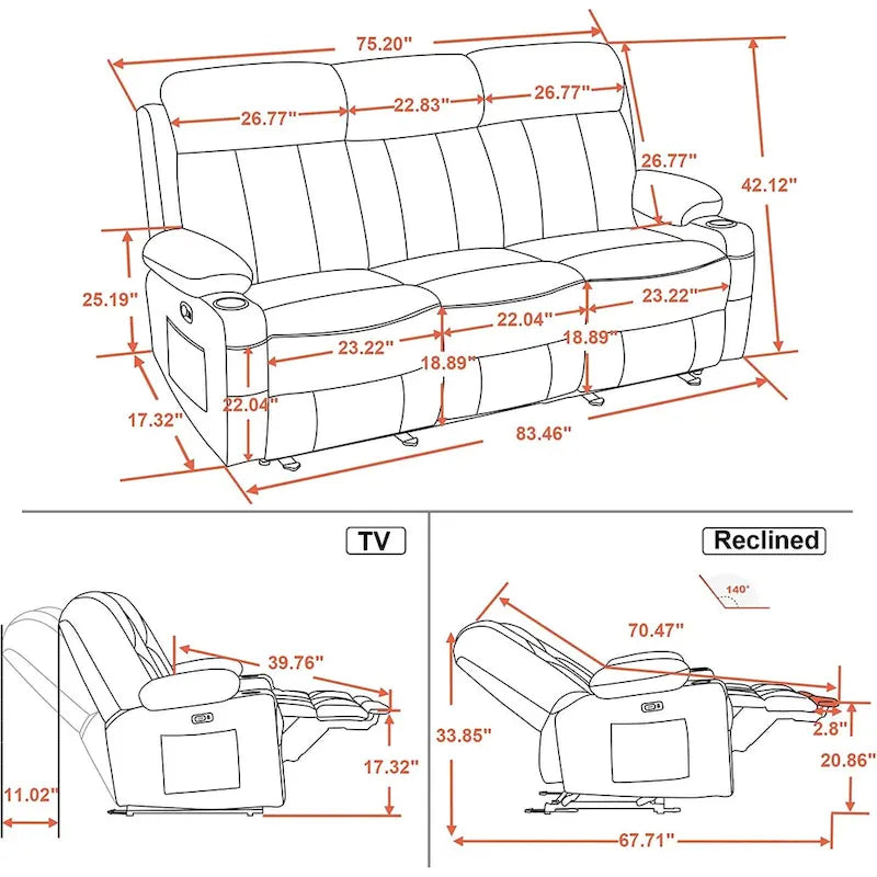 Causeuse inclinable électrique avec fonctions de chauffage et de massage et port USB