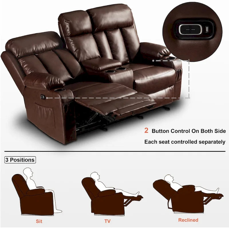 Causeuse inclinable électrique avec fonctions de chauffage et de massage et port USB