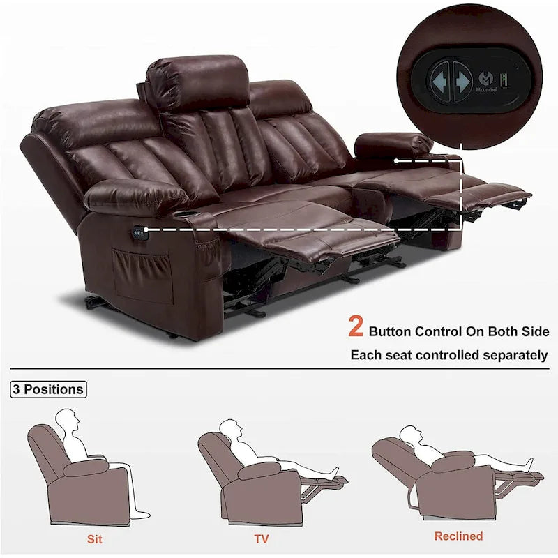 Causeuse inclinable électrique avec fonctions de chauffage et de massage et port USB