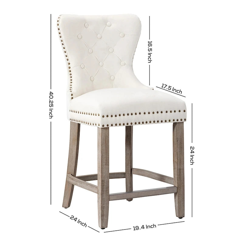 Tabouret de comptoir à dossier haut capitonné avec clous décoratifs et pieds gris antique de 61 cm