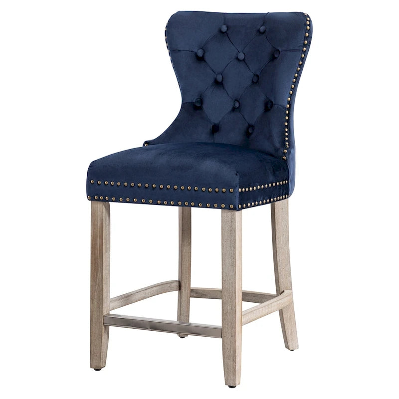 Tabouret de comptoir à dossier haut capitonné avec clous décoratifs et pieds gris antique de 61 cm