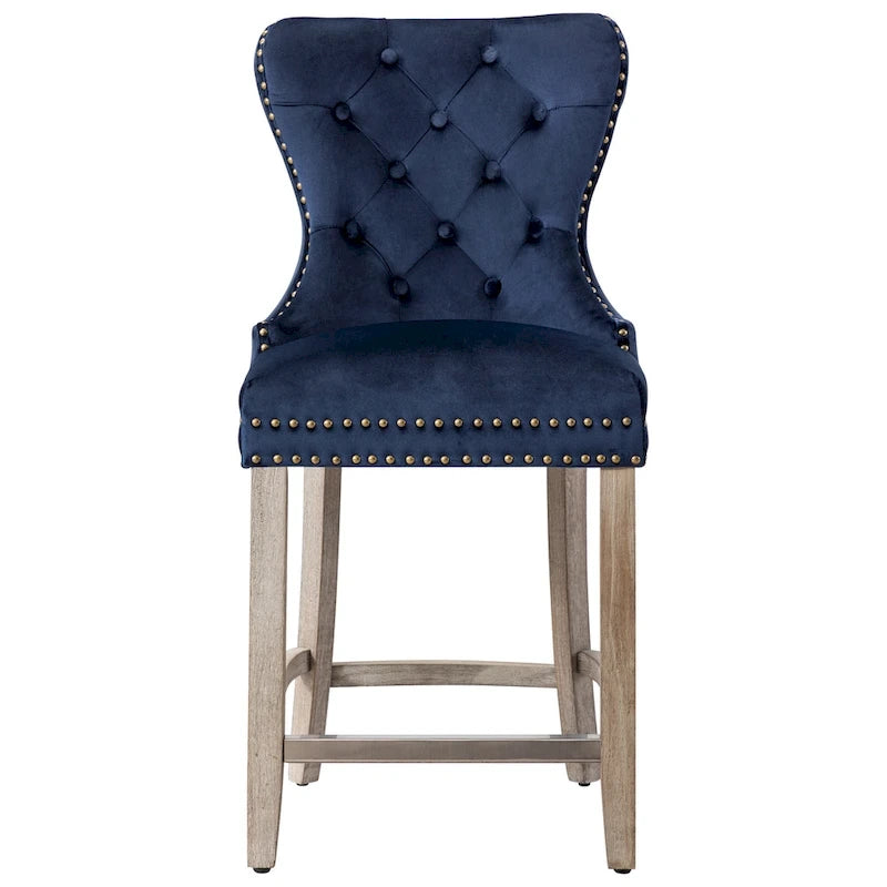 Tabouret de comptoir à dossier haut capitonné avec clous décoratifs et pieds gris antique de 61 cm