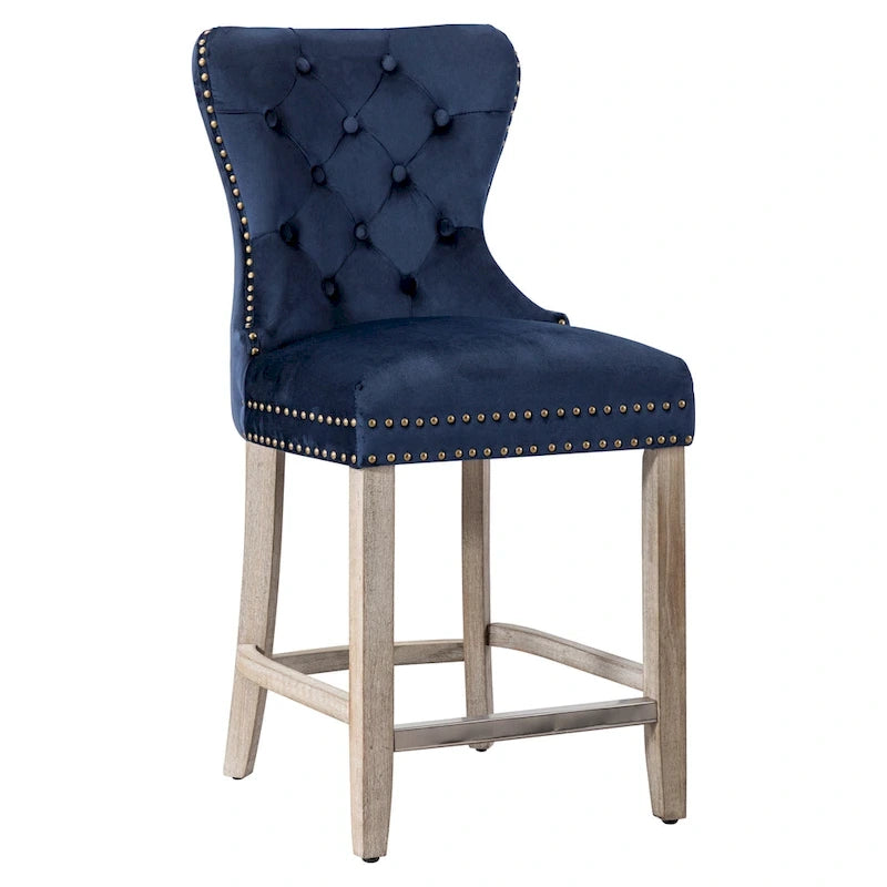 Tabouret de comptoir à dossier haut capitonné avec clous décoratifs et pieds gris antique de 61 cm