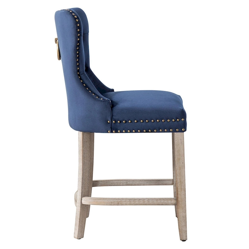 Tabouret de comptoir à dossier haut capitonné avec clous décoratifs et pieds gris antique de 61 cm