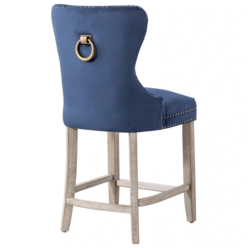 Tabouret de comptoir à dossier haut capitonné avec clous décoratifs et pieds gris antique de 61 cm