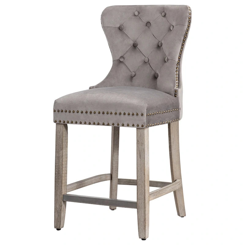 Tabouret de comptoir à dossier haut capitonné avec clous décoratifs et pieds gris antique de 61 cm