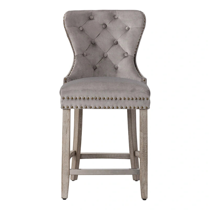 Tabouret de comptoir à dossier haut capitonné avec clous décoratifs et pieds gris antique de 61 cm