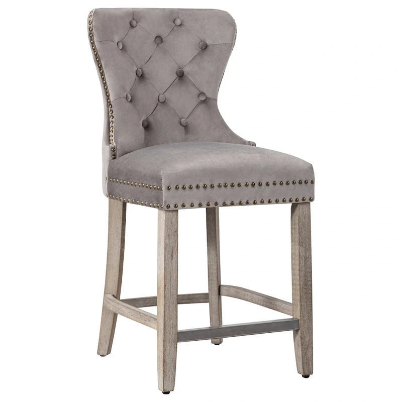 Tabouret de comptoir à dossier haut capitonné avec clous décoratifs et pieds gris antique de 61 cm