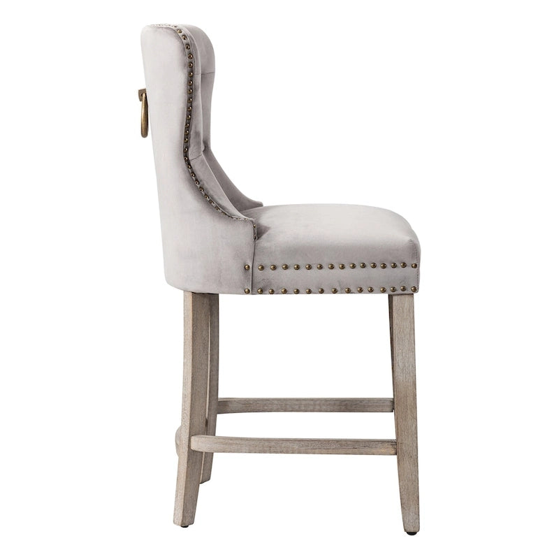 Tabouret de comptoir à dossier haut capitonné avec clous décoratifs et pieds gris antique de 61 cm