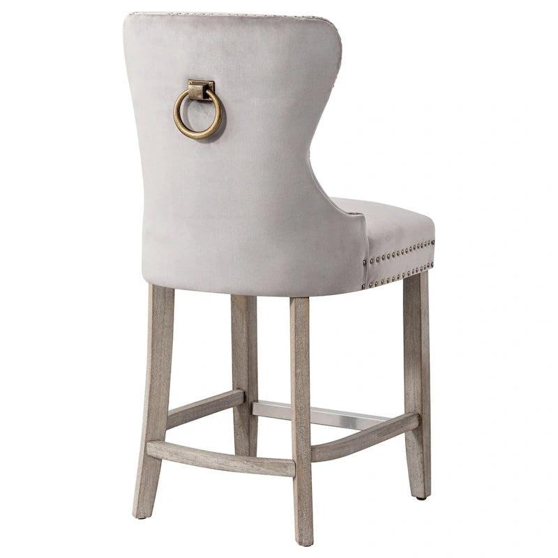 Tabouret de comptoir à dossier haut capitonné avec clous décoratifs et pieds gris antique de 61 cm