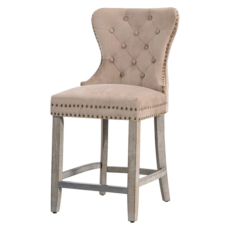 Tabouret de comptoir à dossier haut capitonné avec clous décoratifs et pieds gris antique de 61 cm